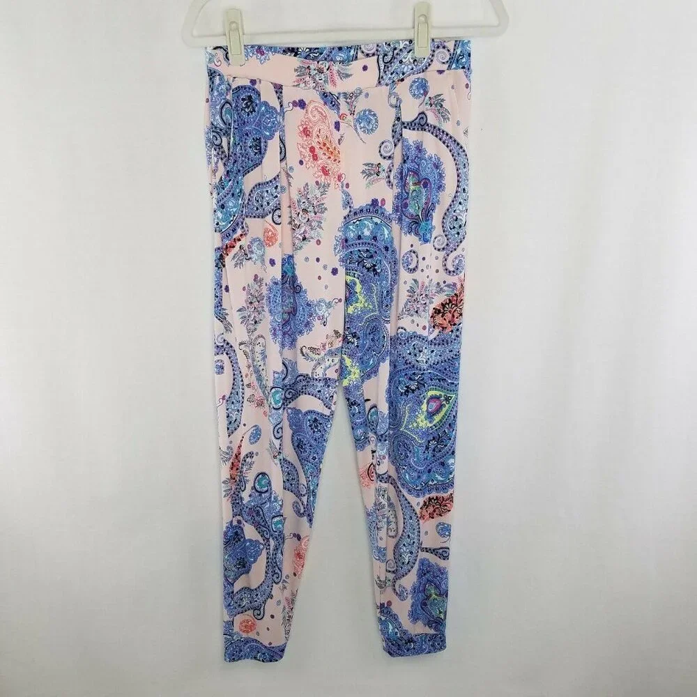 Express Women's Small Pants Pull On Pleated Stretch Paisley Pink Blue Pockets - Picture 1 of 7